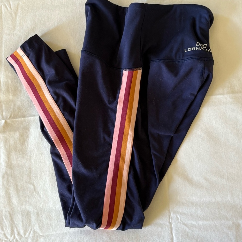 Lorna Jane Navy Activewear Leggings with Eye Catching Stripe Accent (Sz. XS)